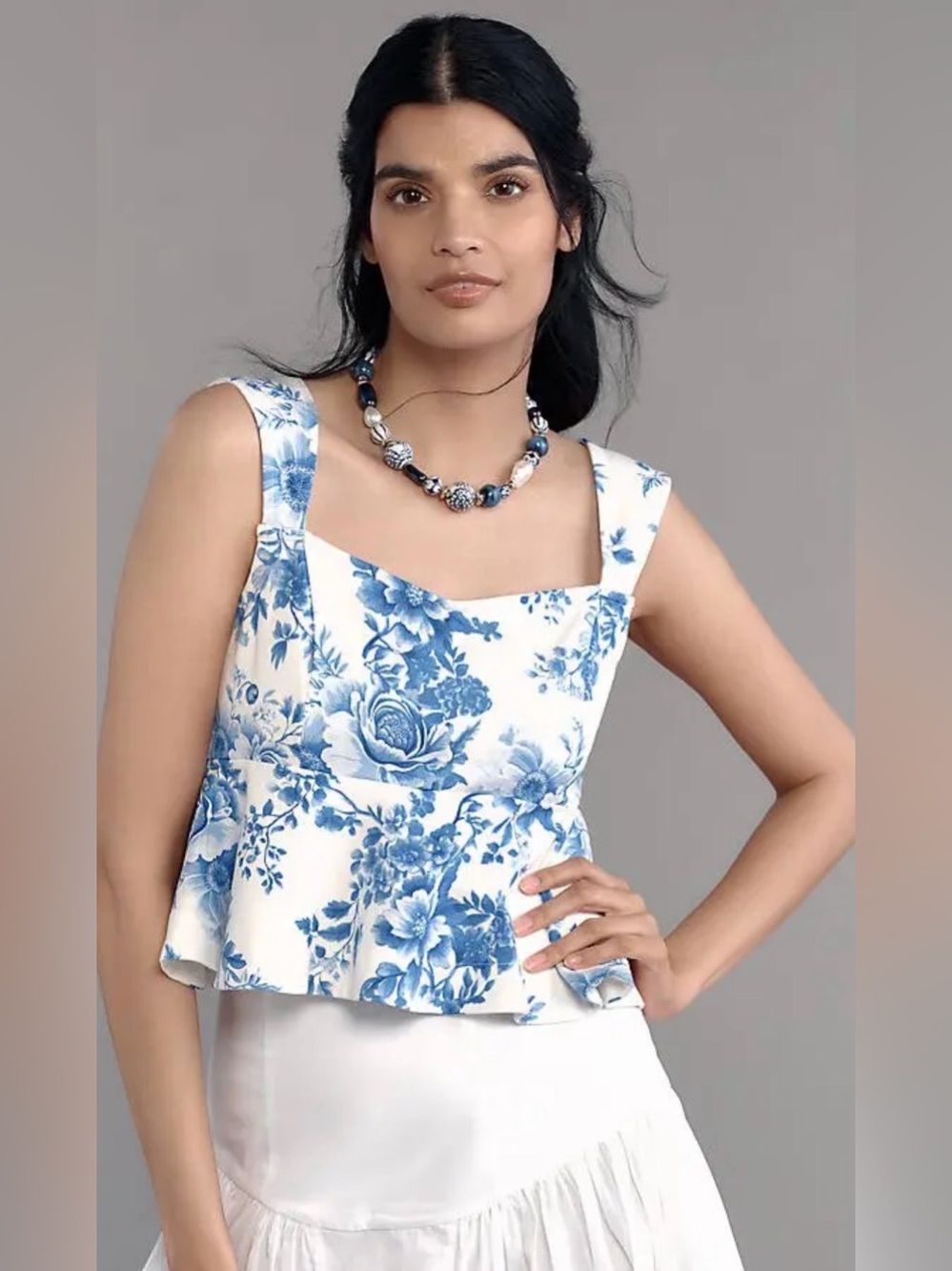 Maeve Anthropologie Blue White Floral Square Neck Peplum Top NWT Medium